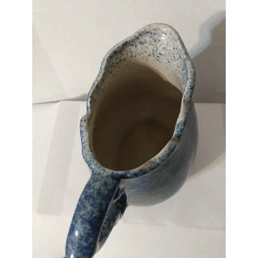 Blue Spongeware Calico China Pitcher with Pig Speckled Country Farmhouse decor